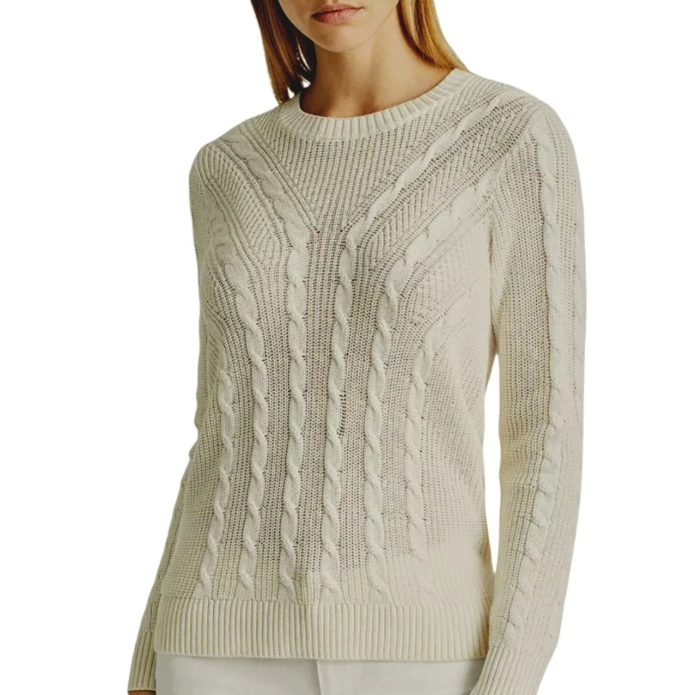 Lauren Ralph Lauren Cream Cotton Viscose Cable Knit Crewneck Sweater women small